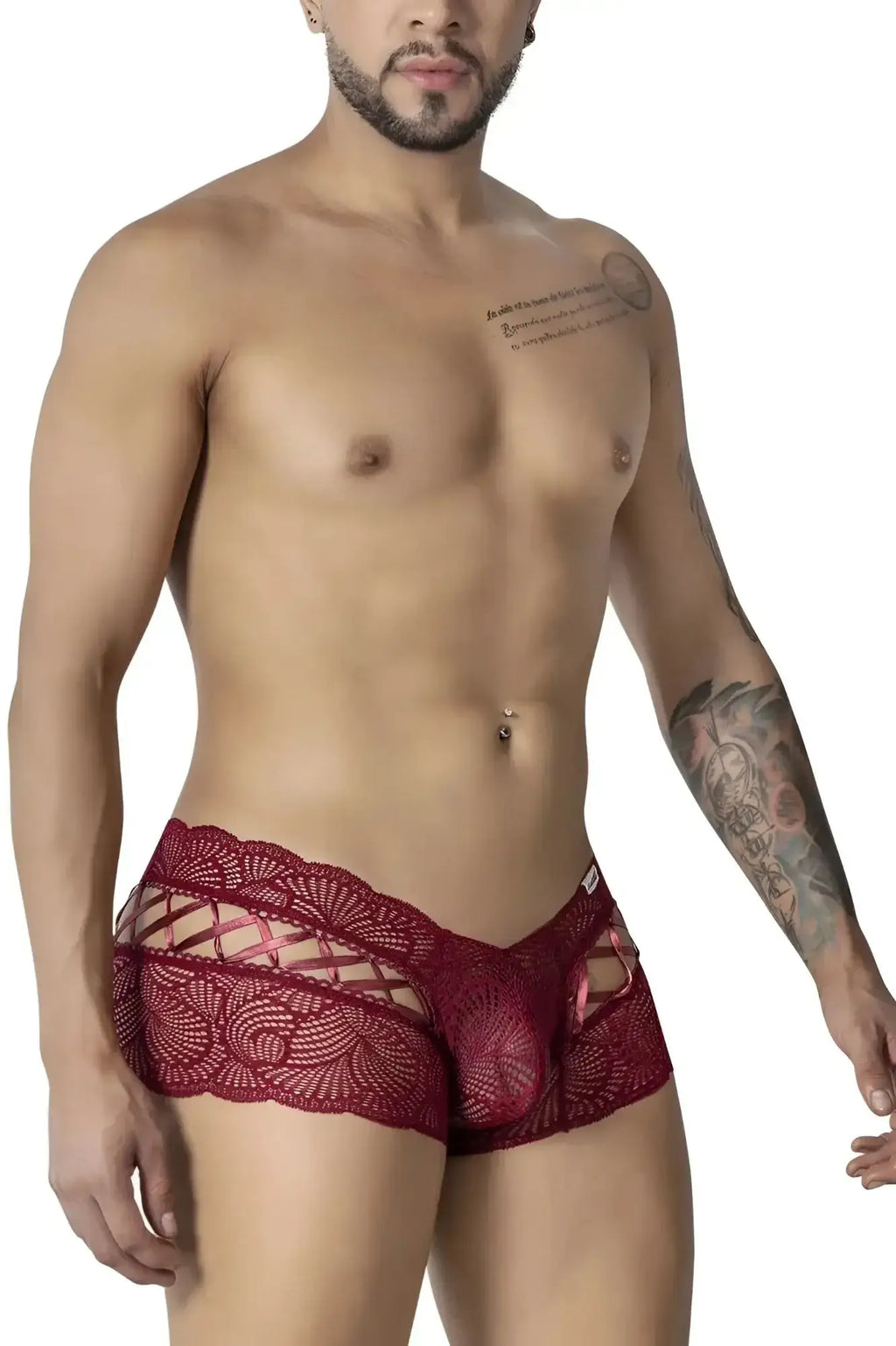 CandyMan 99916 lace trunks in burgundy feature red lace with intricate floral patterns and a sheer mesh design