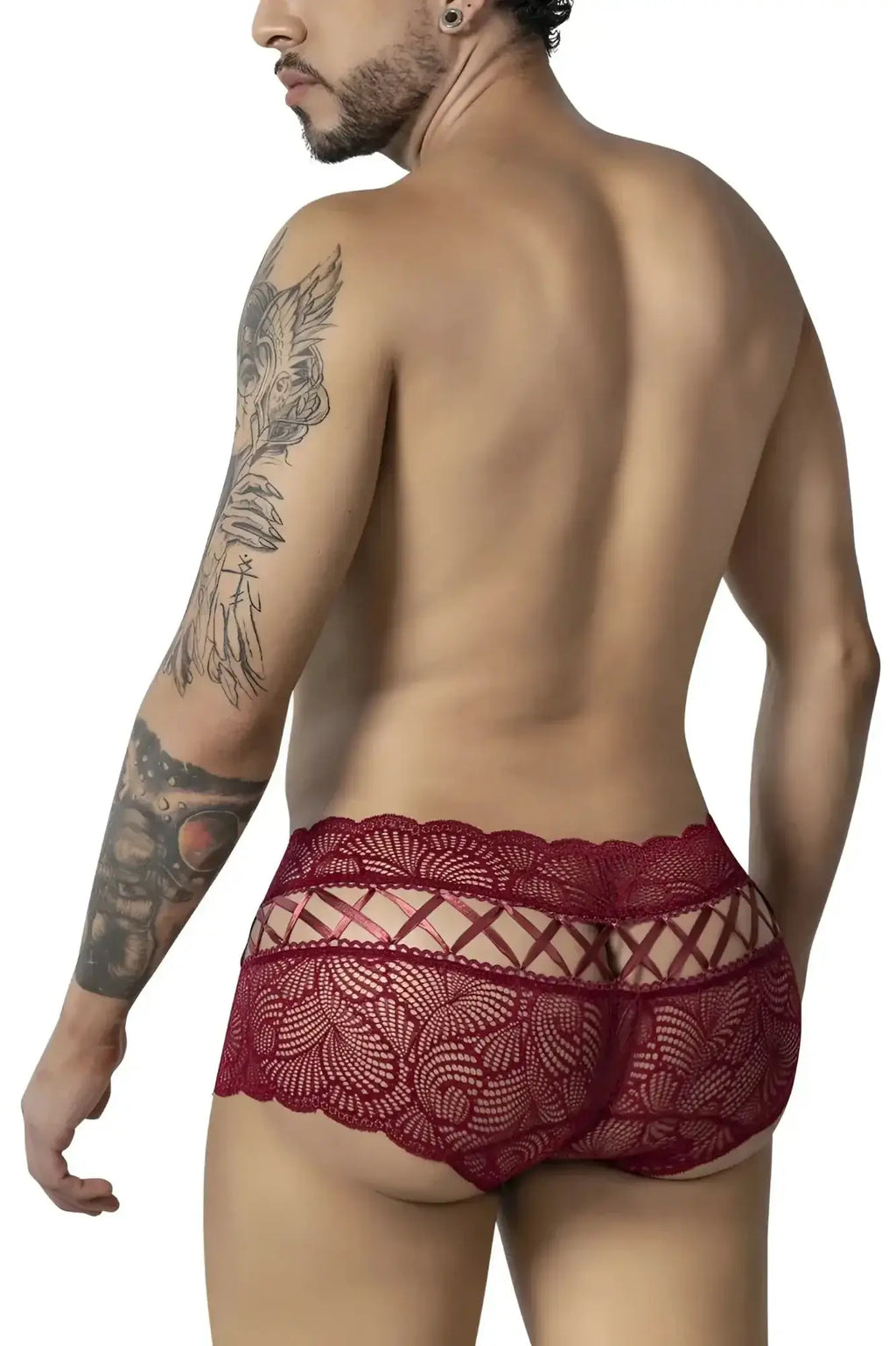 CandyMan 99916 lace trunks burgundy red lace underwear with intricate floral patterns and sheer crisscrossed back panel