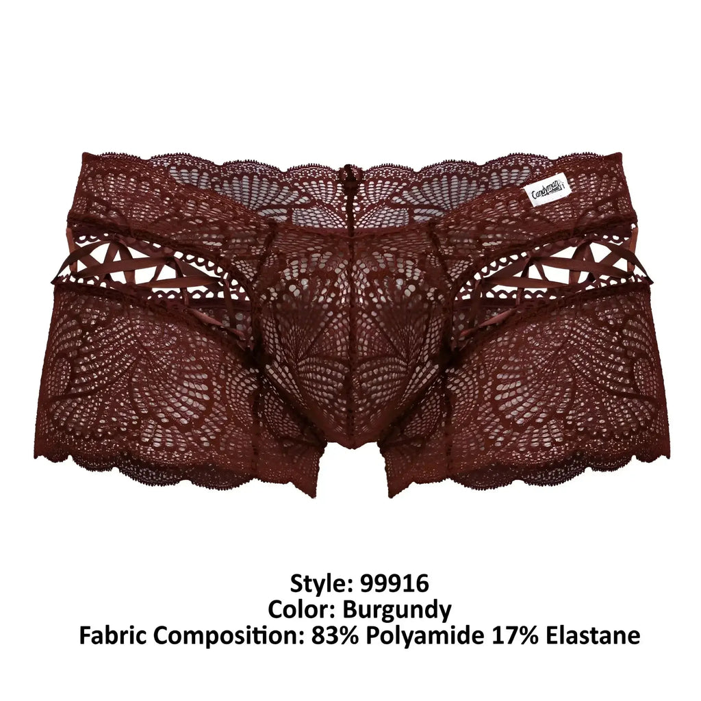 CandyMan 99916 lace trunks burgundy men’s underwear with intricate floral patterns and scalloped edge design