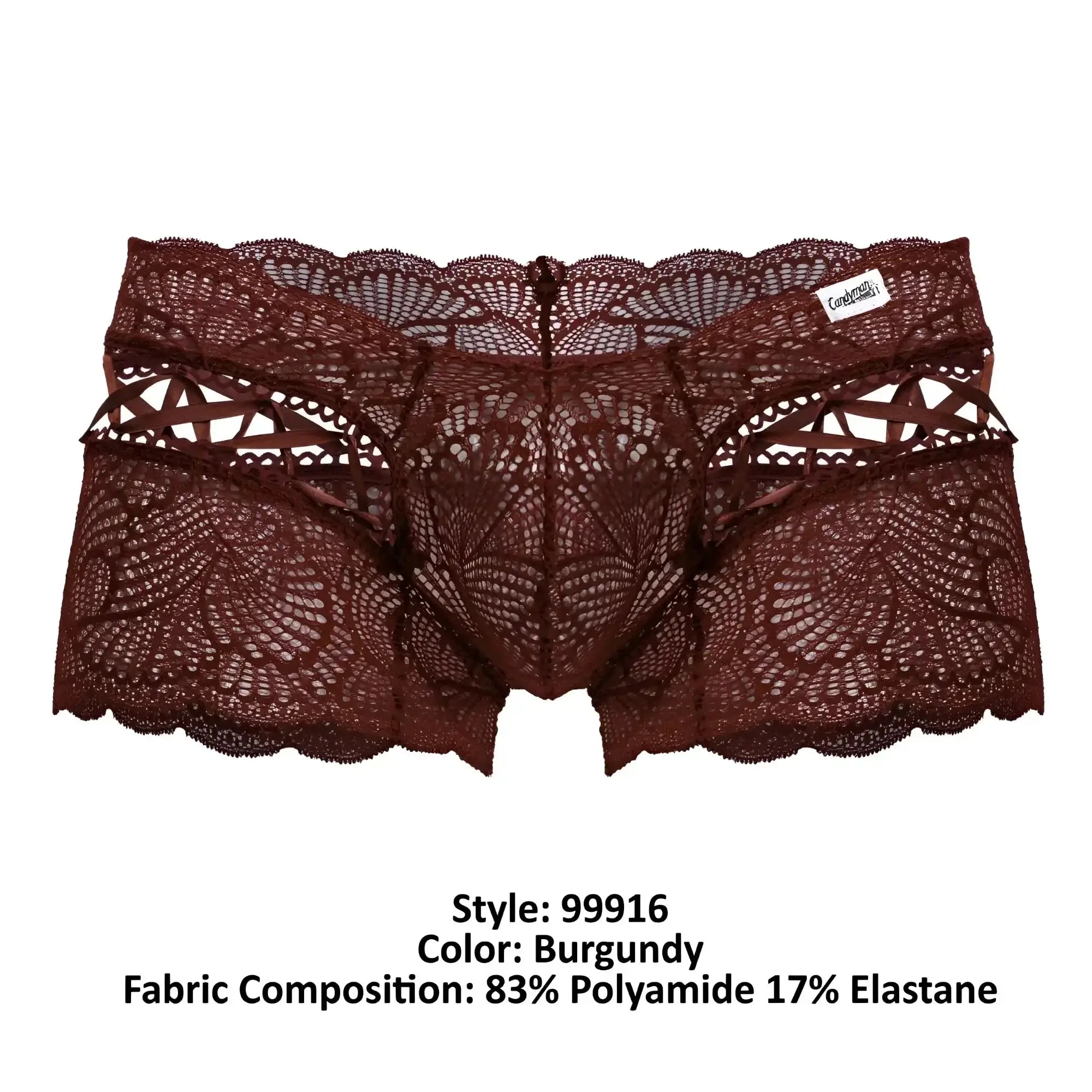 CandyMan 99916 lace trunks burgundy men’s underwear with intricate floral patterns and scalloped edge design