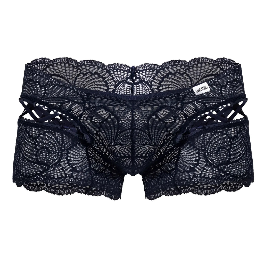 Navy candy man 99916 lace trunks featuring black lace underwear with intricate floral patterns and scalloped edges