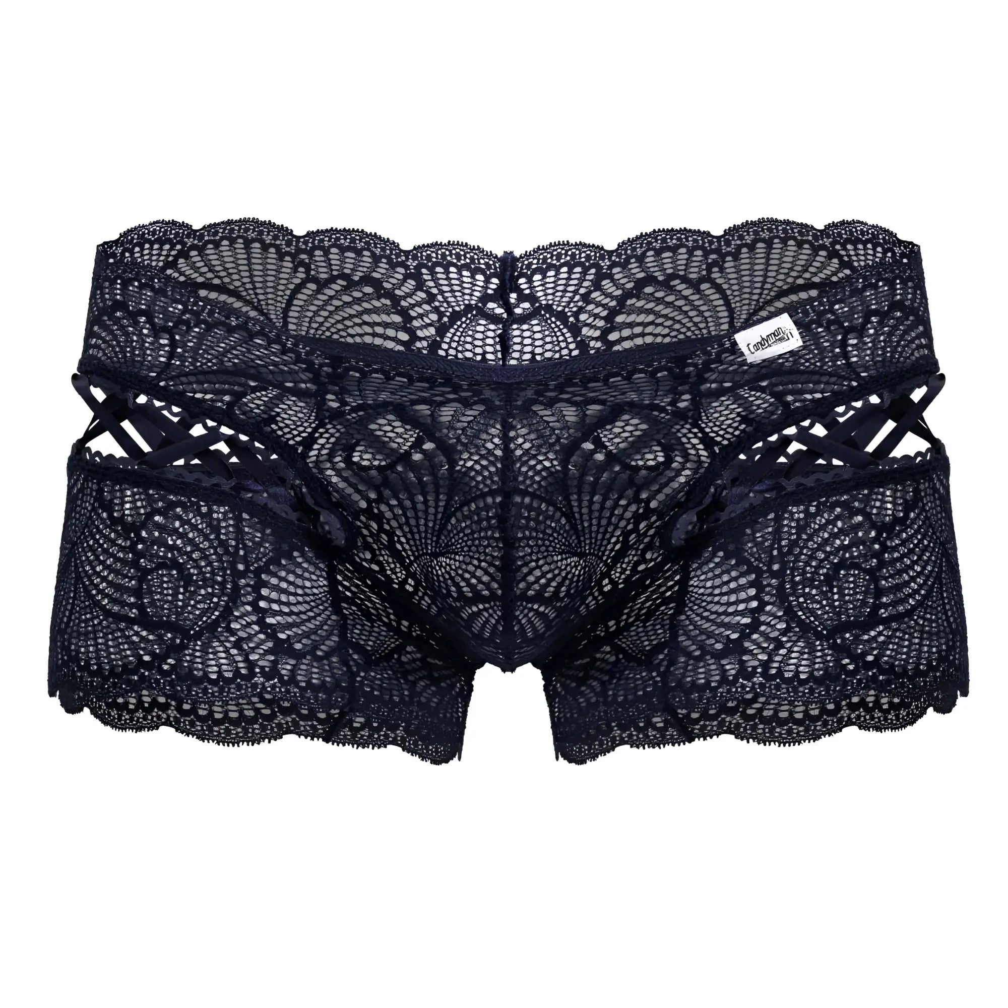 Navy candy man 99916 lace trunks featuring black lace underwear with intricate floral patterns and scalloped edges