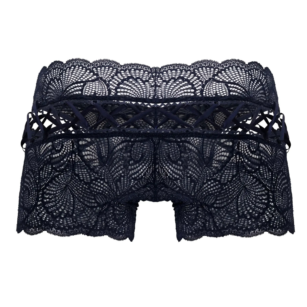 CandyMan 99916 navy lace trunks featuring intricate black floral patterns and scalloped edges in front view