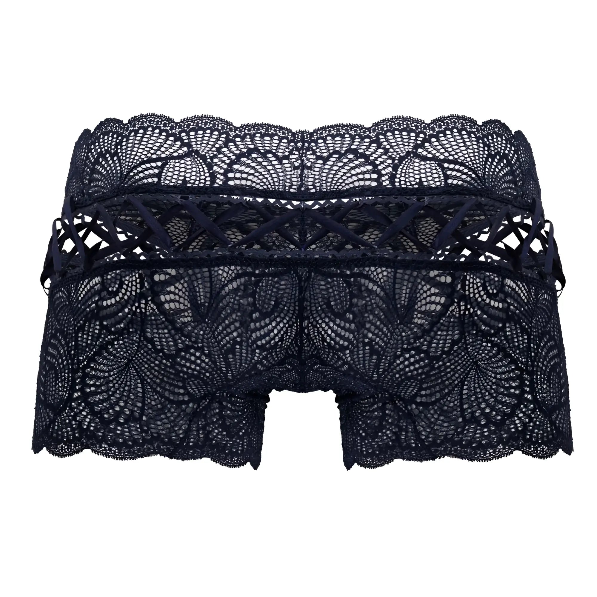 CandyMan 99916 navy lace trunks featuring intricate black floral patterns and scalloped edges in front view