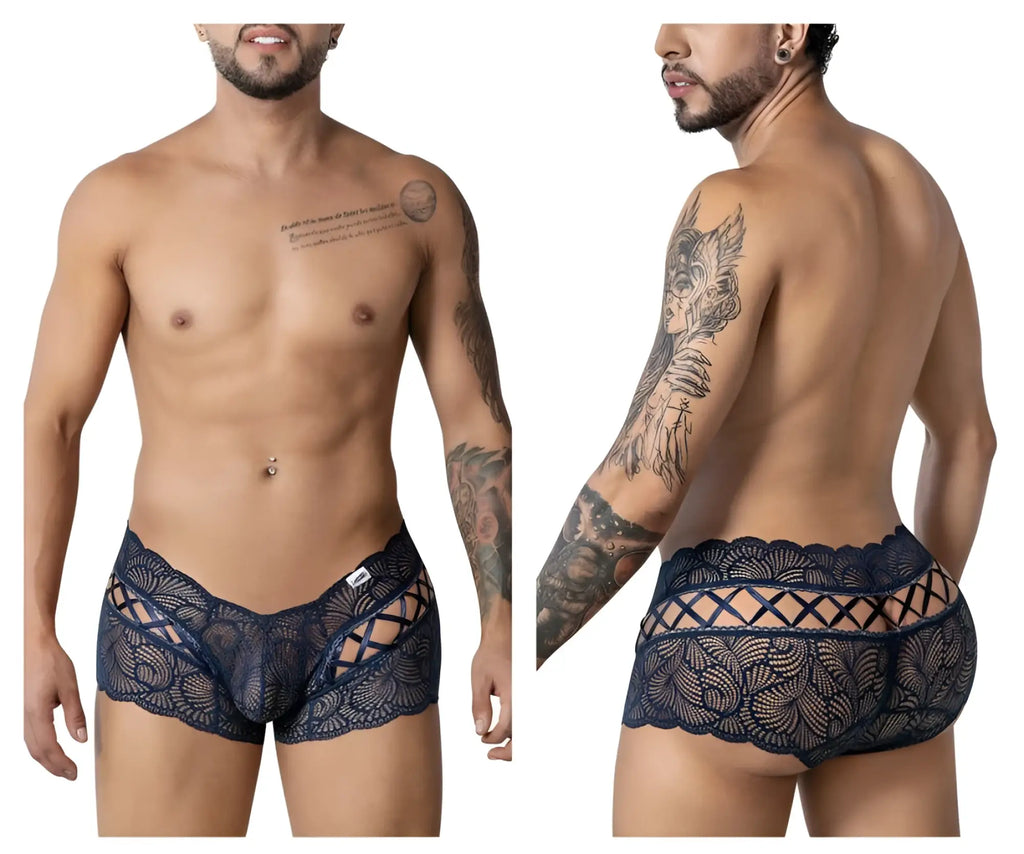 Navy blue lace men’s underwear candyMan 99916 lace trunks with intricate floral patterns and crisscross design
