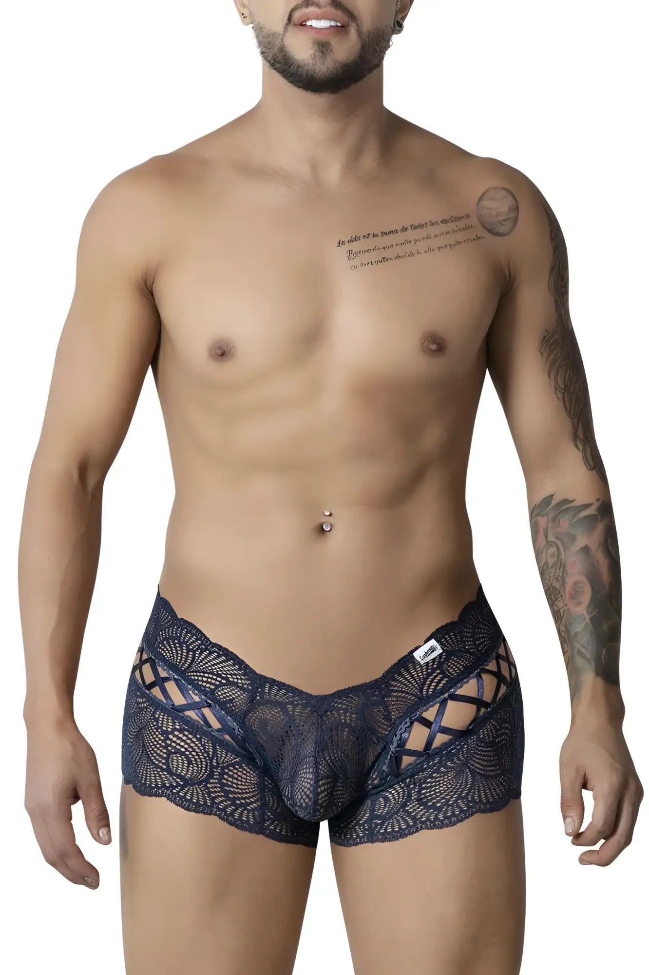 Dark blue lace men’s trunks with intricate pattern and cutout design candyMan 99916 lace trunks navy color