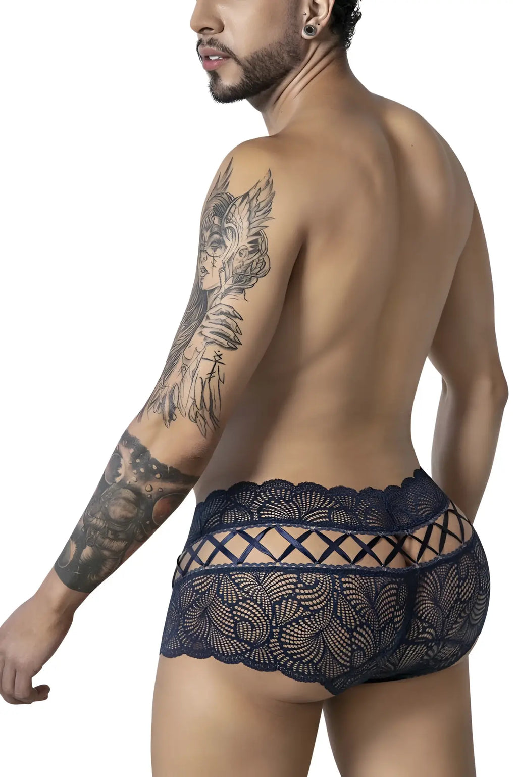 CandyMan 99916 navy lace trunks with intricate floral patterns and a crisscross design in dark blue lace