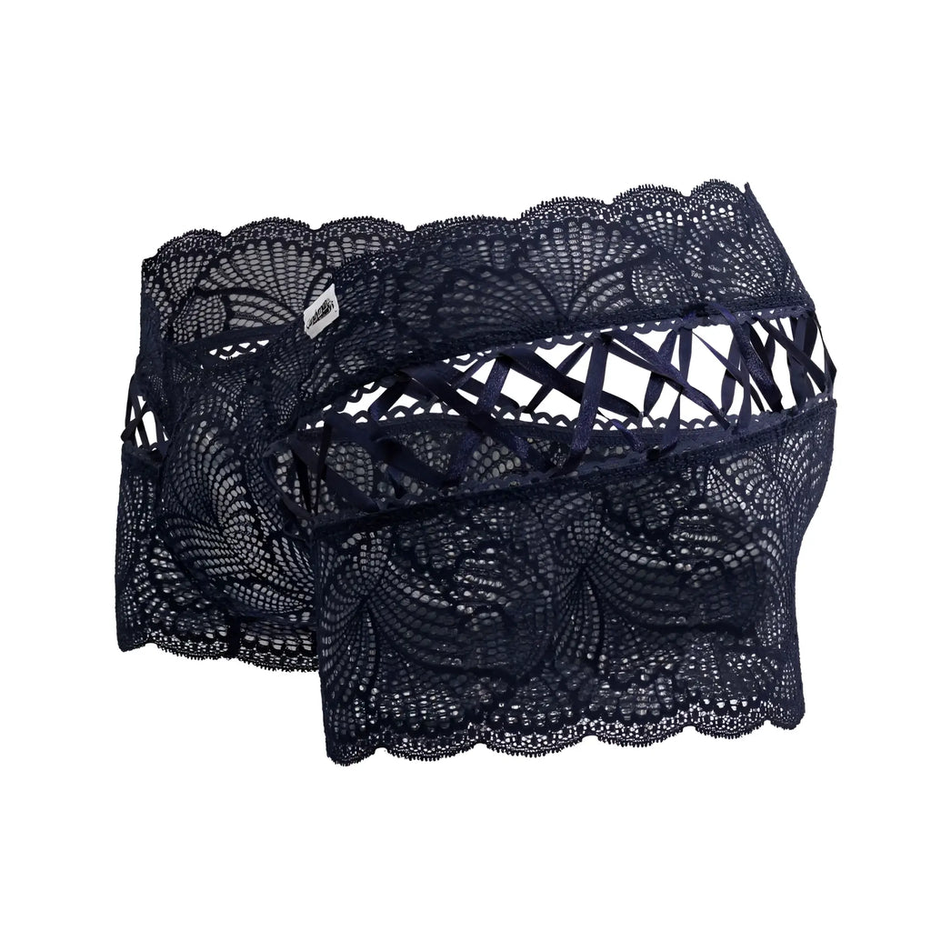 CandyMan 99916 lace trunks in dark navy with intricate floral lace patterns and scalloped edges for a stylish fit