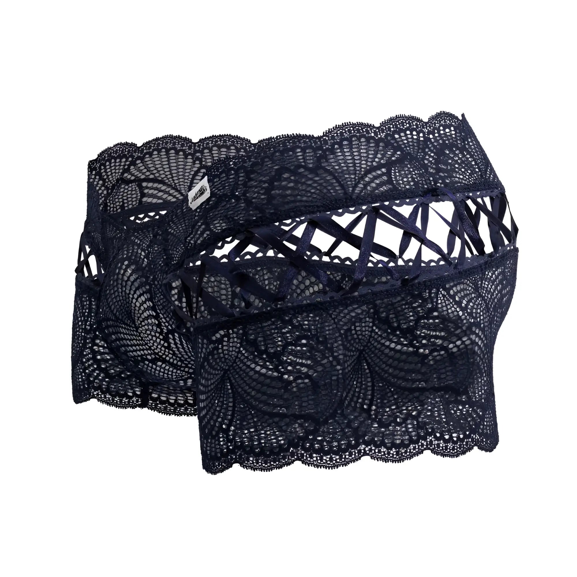 CandyMan 99916 lace trunks in dark navy with intricate floral lace patterns and scalloped edges for a stylish fit