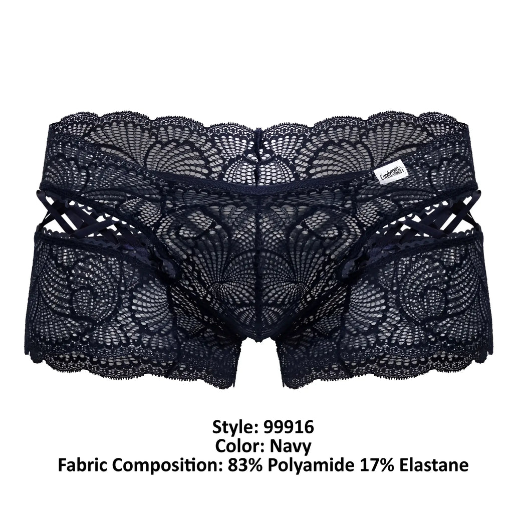 CandyMan 99916 navy lace briefs featuring intricate fan-shaped patterns and scalloped edges for stylish comfort