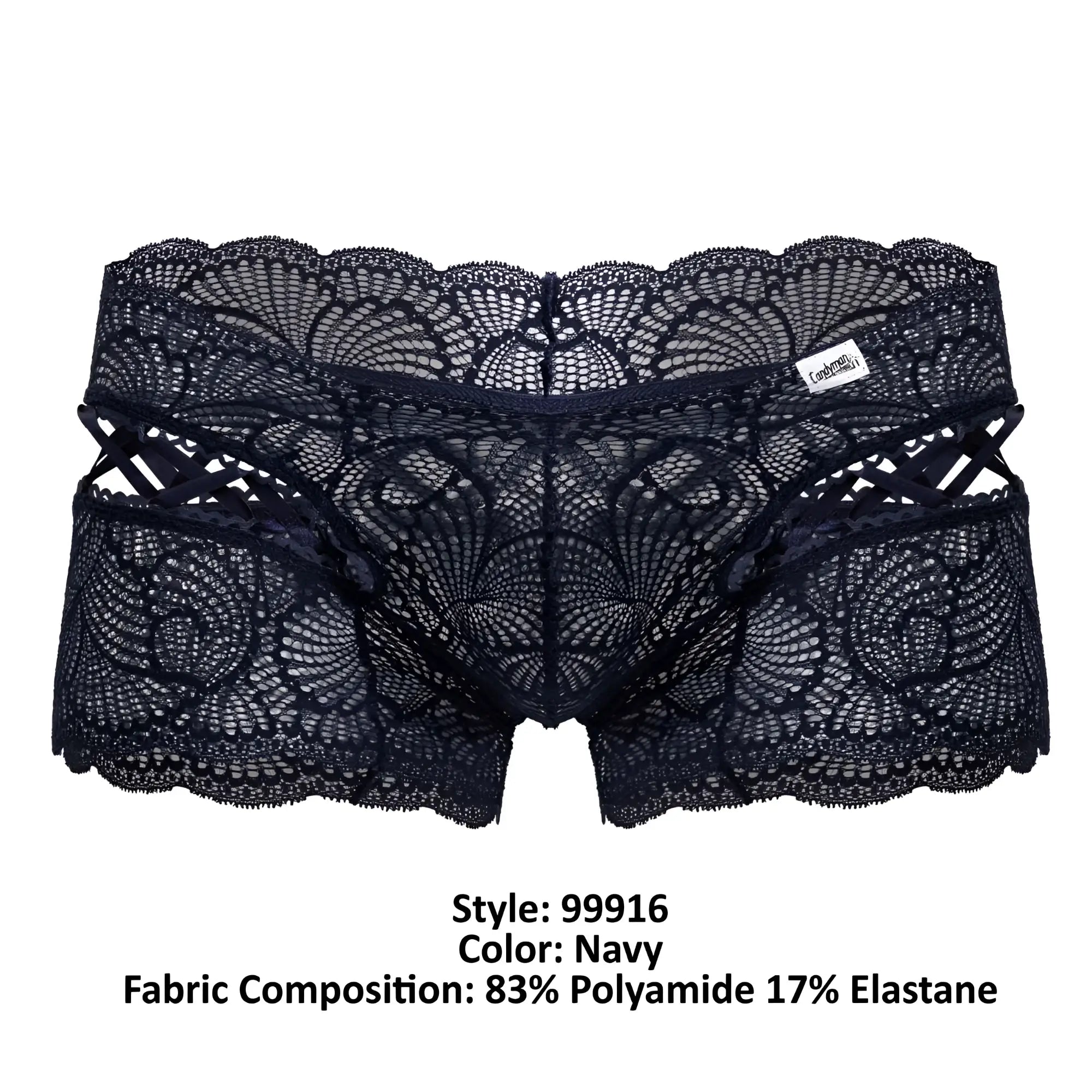 CandyMan 99916 navy lace briefs featuring intricate fan-shaped patterns and scalloped edges for stylish comfort