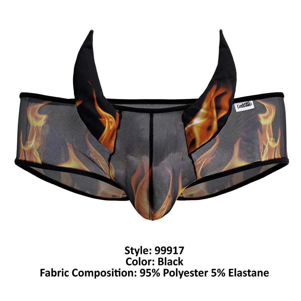 Candyman 99917 wicked trunks black mesh briefs with bold flame design and devil horns made of polyester and elastane