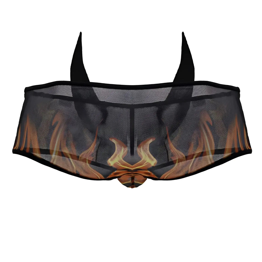 Black mesh briefs candyman 99917 wicked trunks with fiery orange and yellow flame design on front