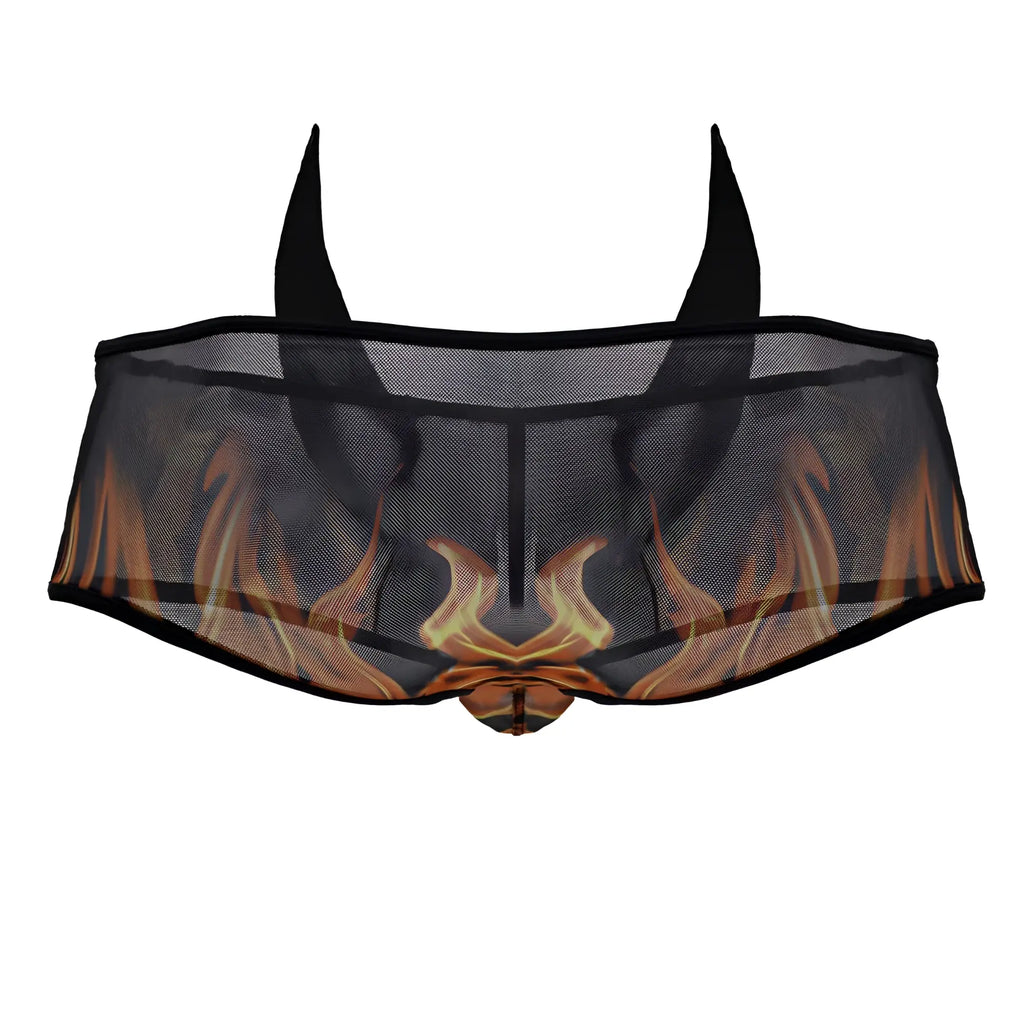 Black mesh briefs candyman 99917 wicked trunks with fiery orange and yellow flame design on front