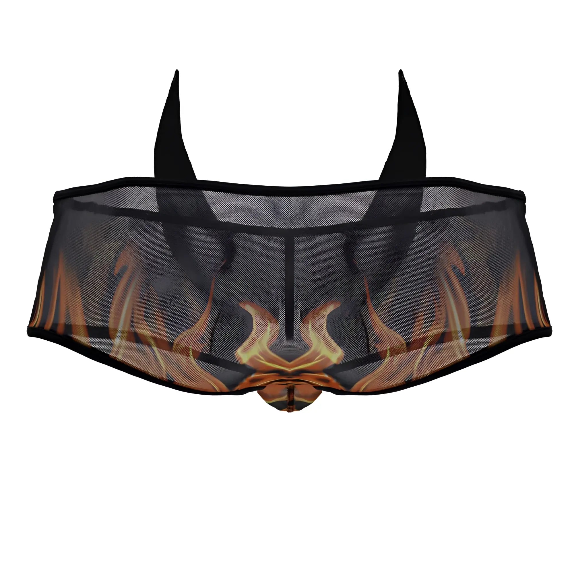 Black mesh briefs candyman 99917 wicked trunks with fiery orange and yellow flame design on front