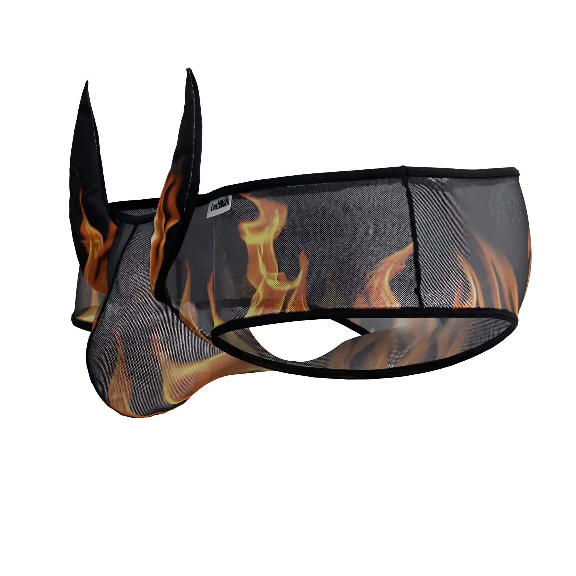 Black mesh horse fly mask candyMan 99917 wicked trunks with flame design and pointed ear flaps