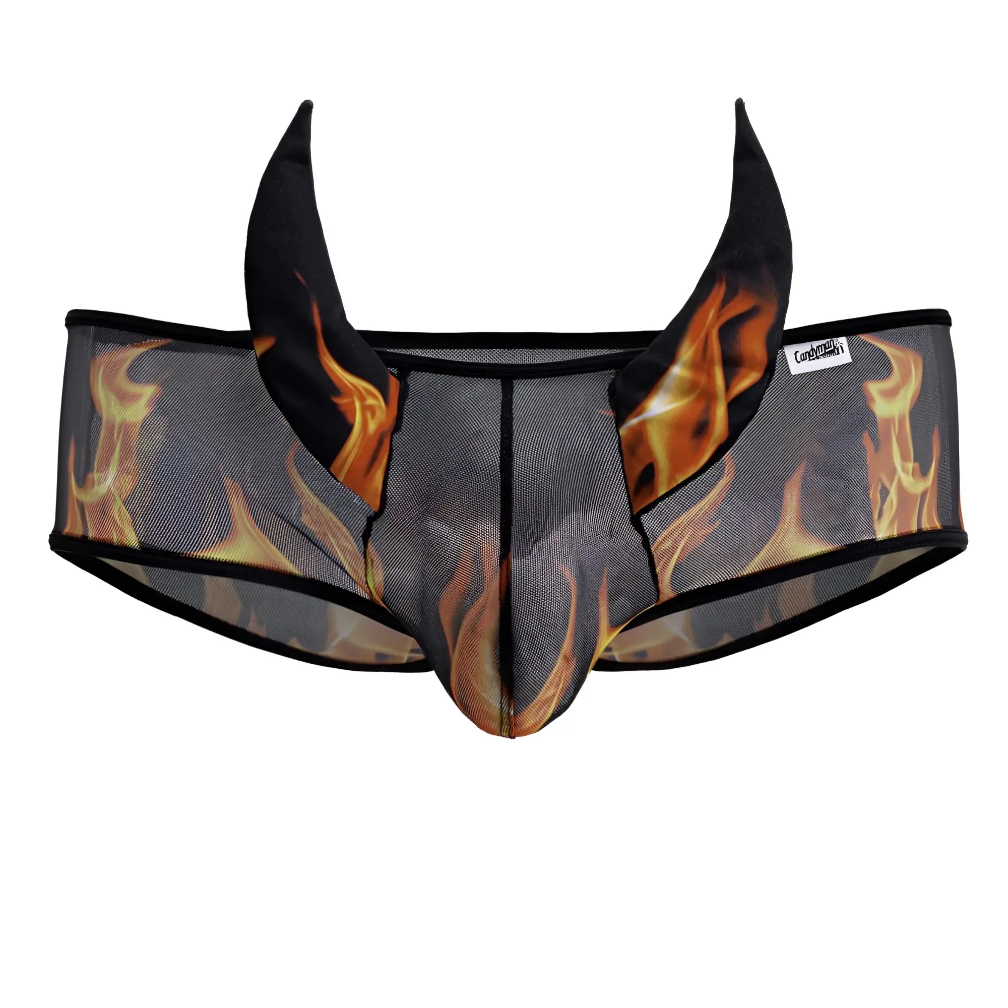 Black mesh men’s underwear candyMan 99917 wicked trunks with fiery flame design and devil horns on waistband