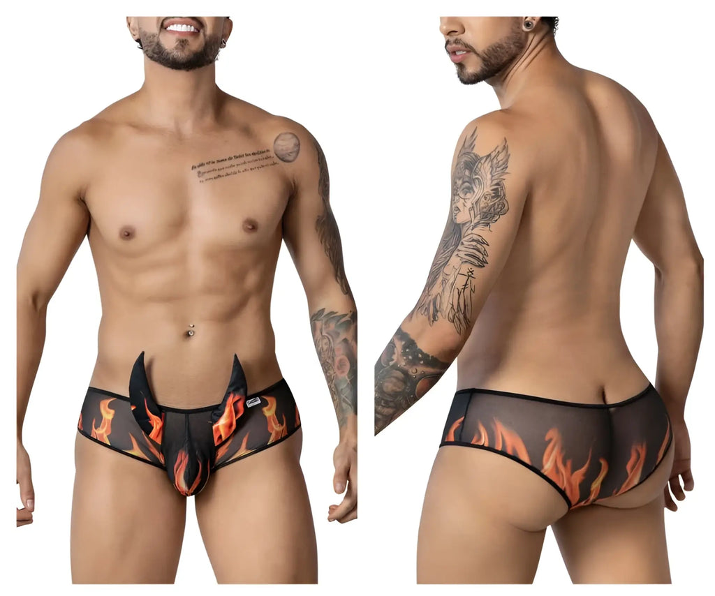 Black mesh briefs candy man 99917 wicked trunks with orange and red flame design for bold stylish wear