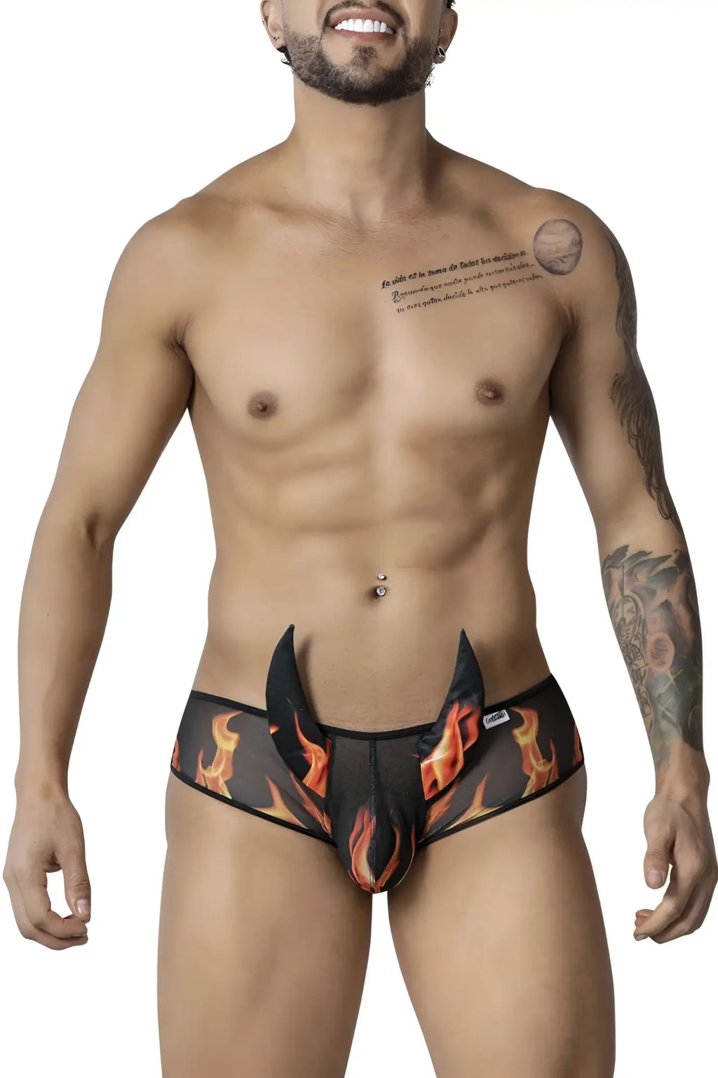 Candyman 99917 wicked trunks black men’s briefs with orange flame pattern and distinctive cutout design