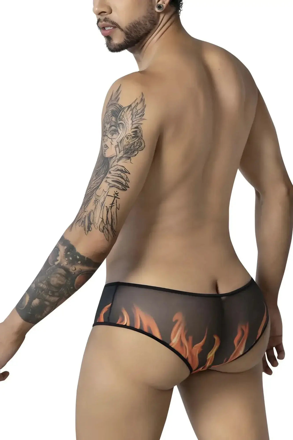Black sheer CandyMan 99917 wicked trunks briefs with vibrant orange and yellow flame design along the sides
