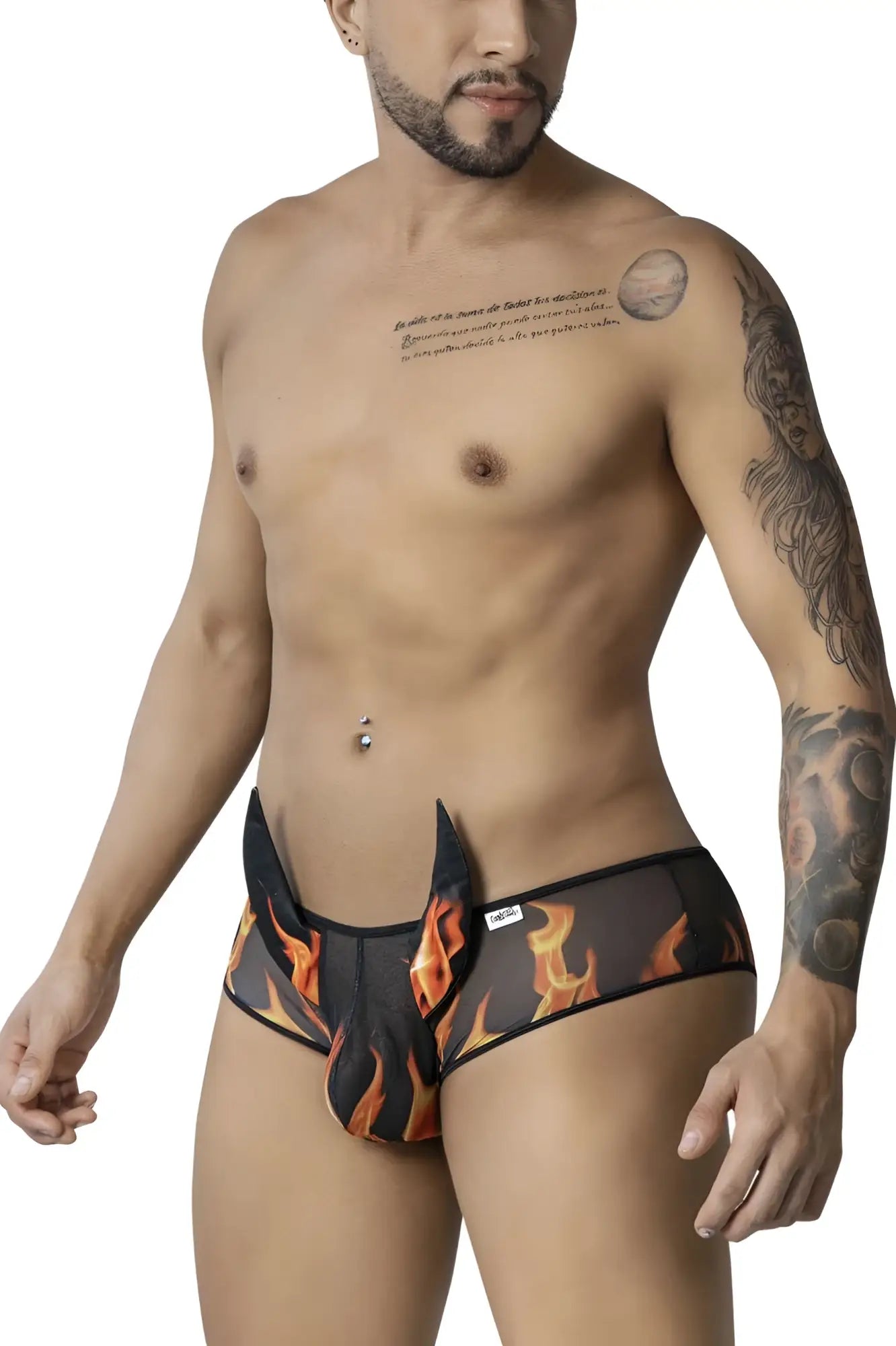 Black briefs candyMan 99917 wicked trunks with vibrant orange and yellow flame design on black fabric