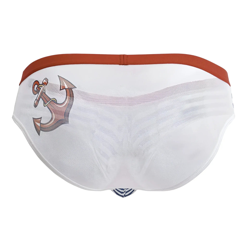CandyMan 99918 sailor briefs blue white white mesh swim trunks with rust anchor graphic and orange waistband