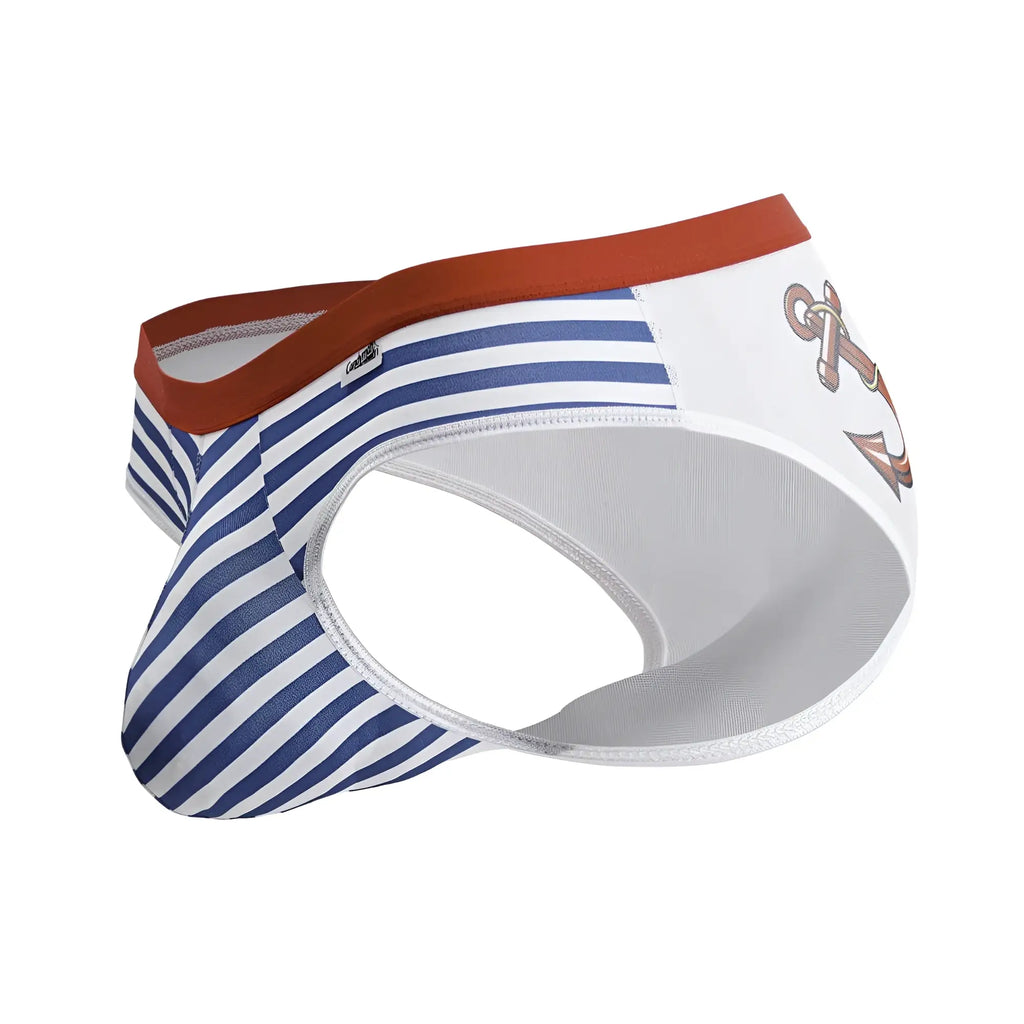 CandyMan 99918 sailor briefs blue-white with bold stripes rust waistband and anchor graphic for nautical style
