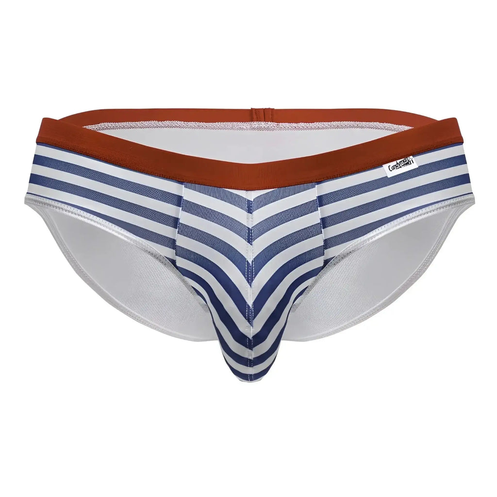 CandyMan 99918 sailor briefs in blue and white stripes with rust-colored waistband for comfortable men’s underwear