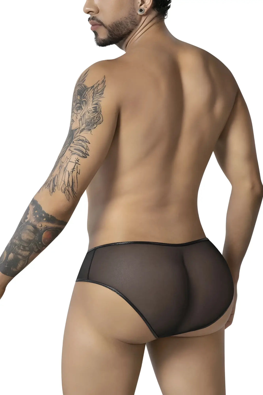 Black candyMan 99919 tuxedo briefs featuring sheer mesh fabric and a smooth opaque black elastic waistband
