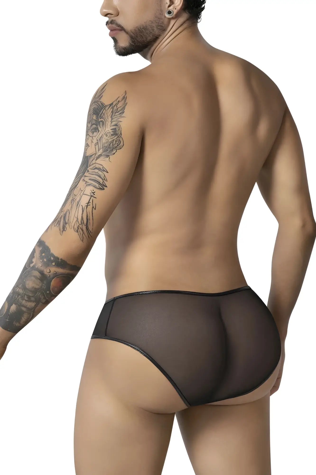 Black candyMan 99919 tuxedo briefs featuring sheer mesh fabric and a smooth opaque black elastic waistband