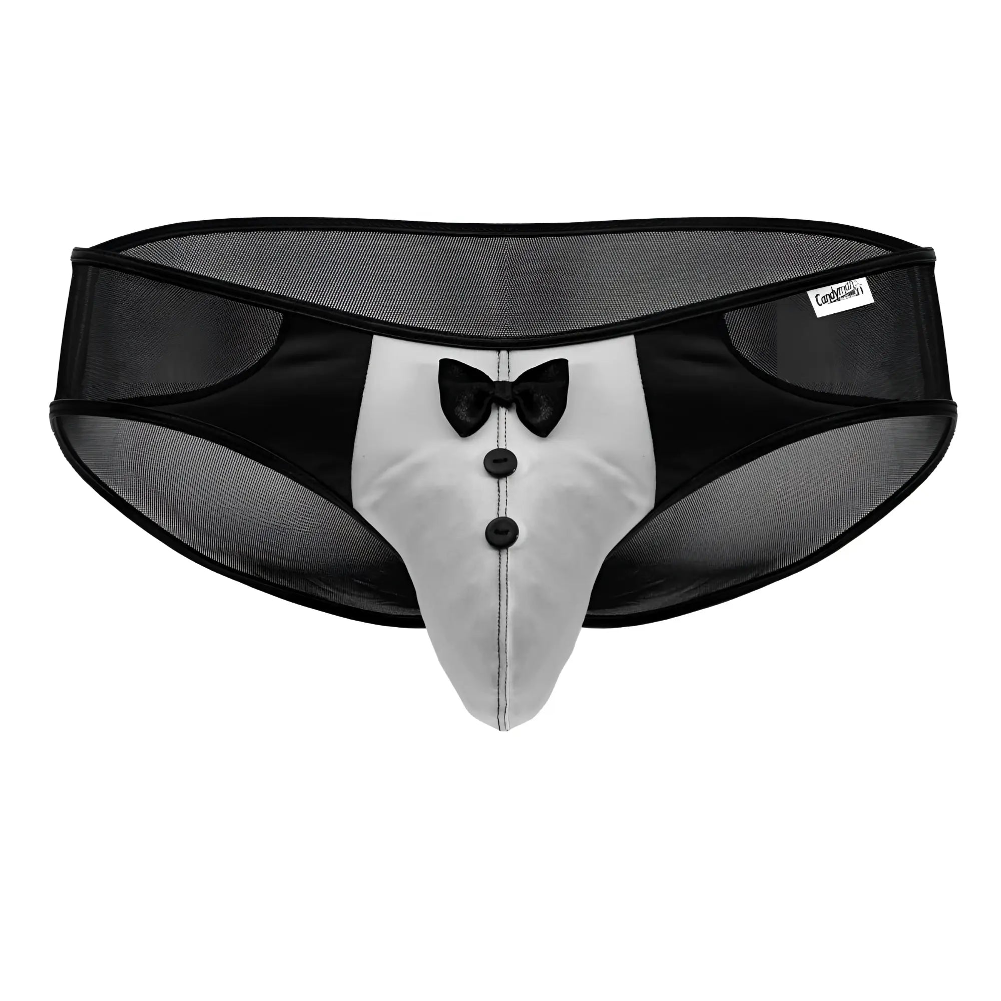 Black and silver CandyMan 99919 tuxedo briefs featuring bow tie detail and three black buttons for men