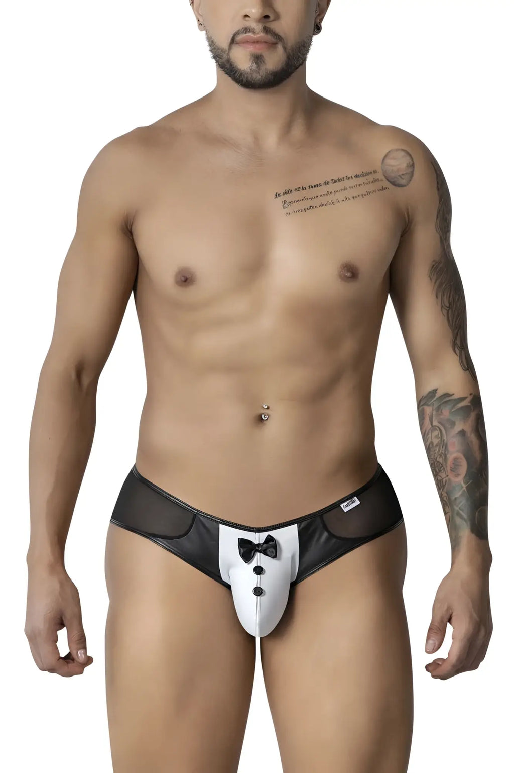 CandyMan 99919 tuxedo briefs in black and white feature a bow tie design on front for stylish mens underwear