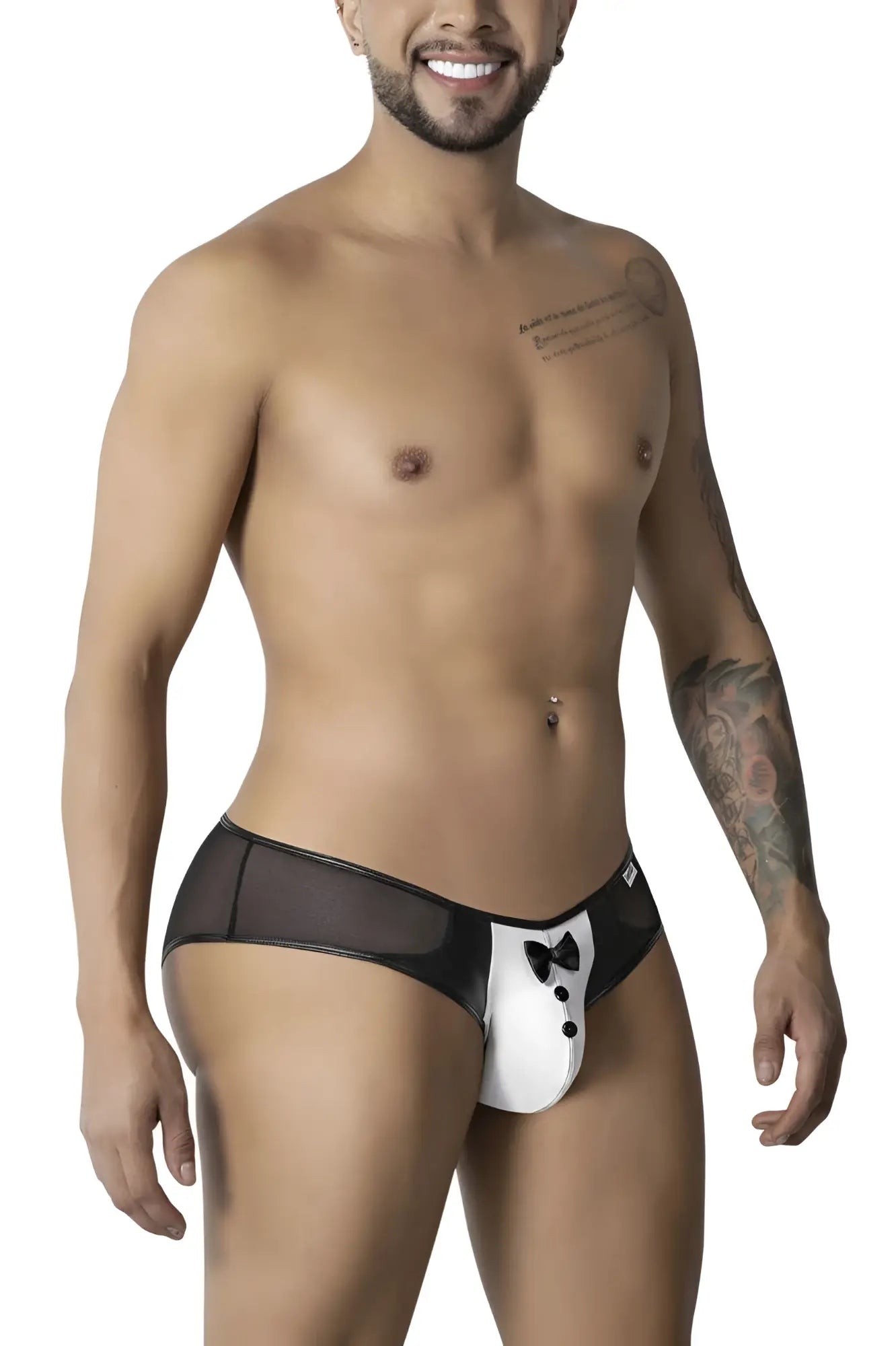 CandyMan 99919 tuxedo briefs in black and white with bow tie design on front for stylish men’s underwear