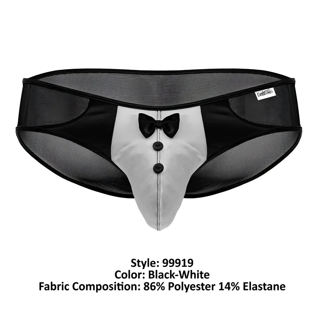 CandyMan 99919 tuxedo briefs in black and white featuring mesh waistband faux bow tie and button details