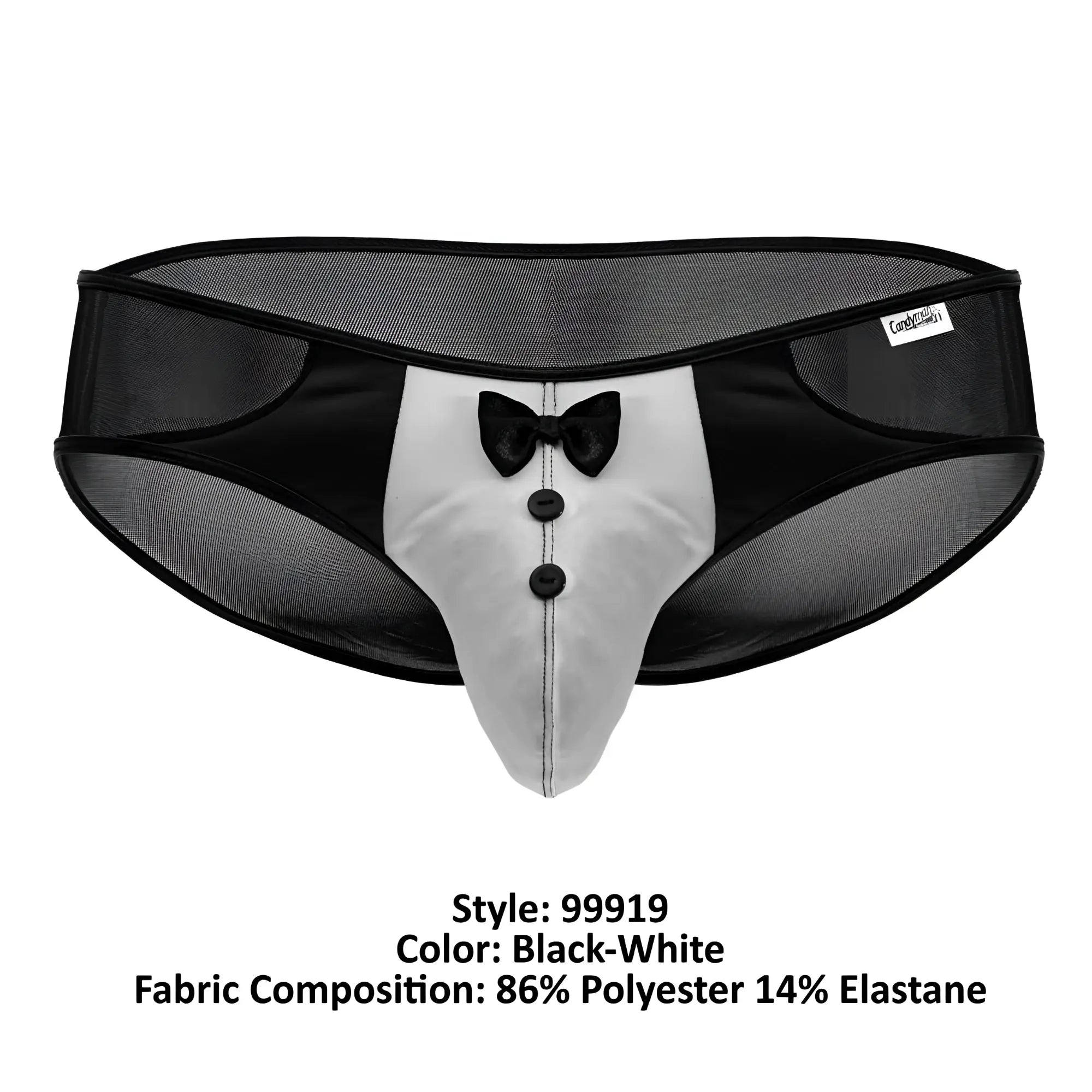 CandyMan 99919 tuxedo briefs in black and white featuring mesh waistband faux bow tie and button details