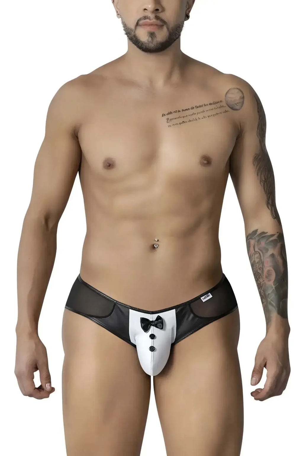 CandyMan 99919 tuxedo briefs in black and white feature a bow tie design on front for stylish mens underwear
