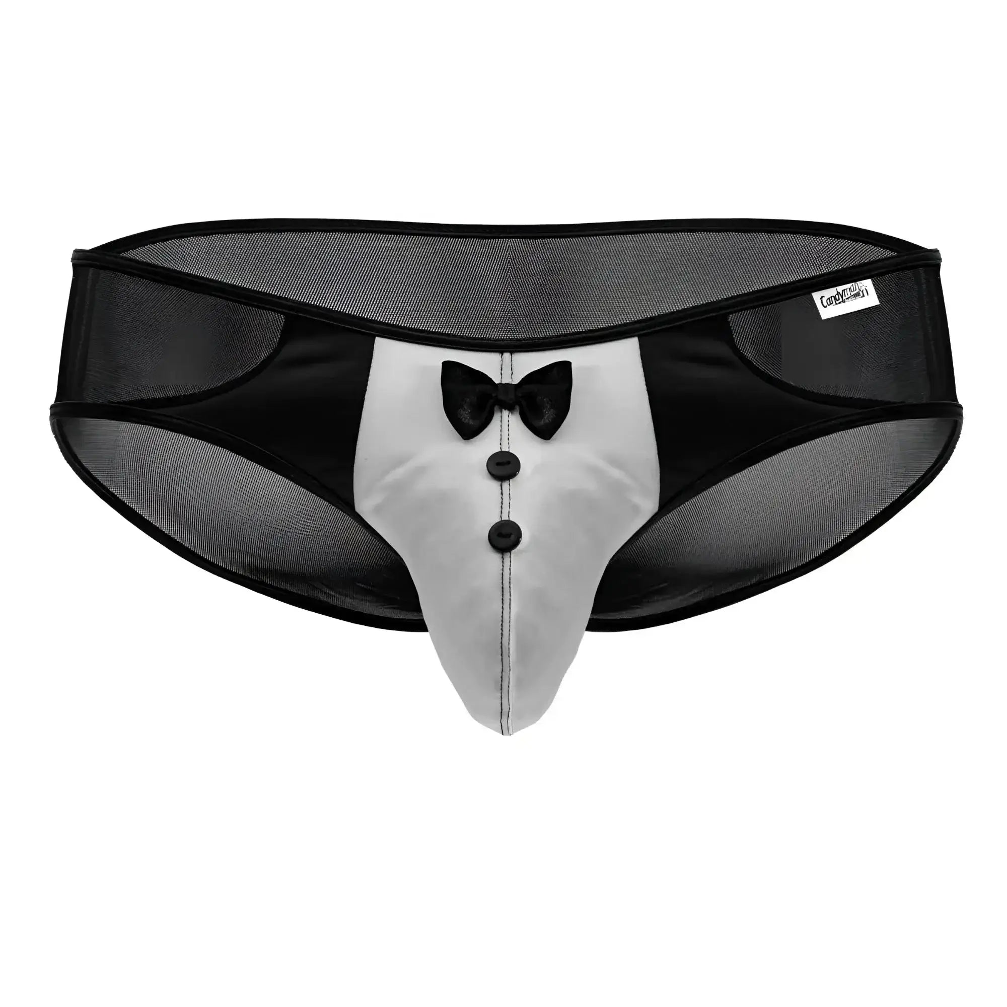 Black and silver CandyMan 99919 tuxedo briefs featuring bow tie detail and three black buttons for men