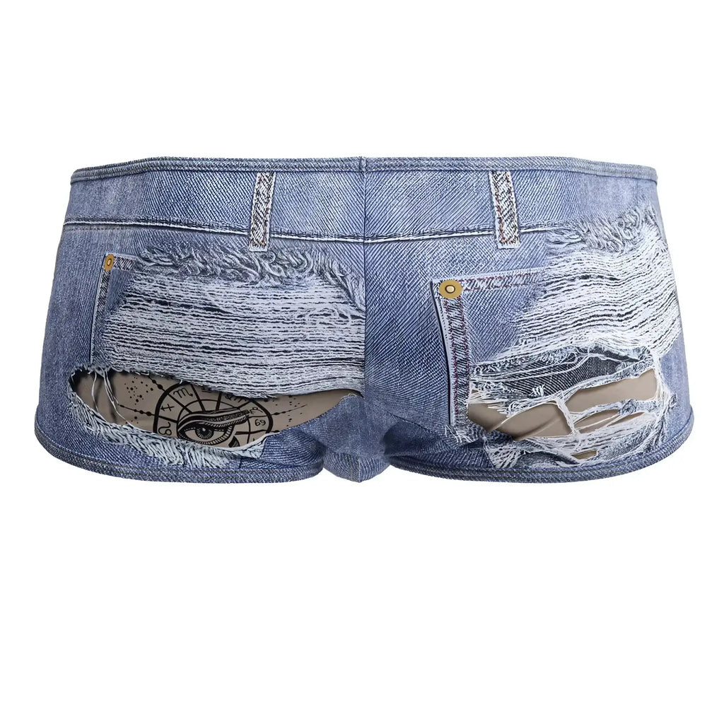 Blue denim CandyMan 99921 cowboy trunks with distressed ripped fabric and visible eye design on inner lining