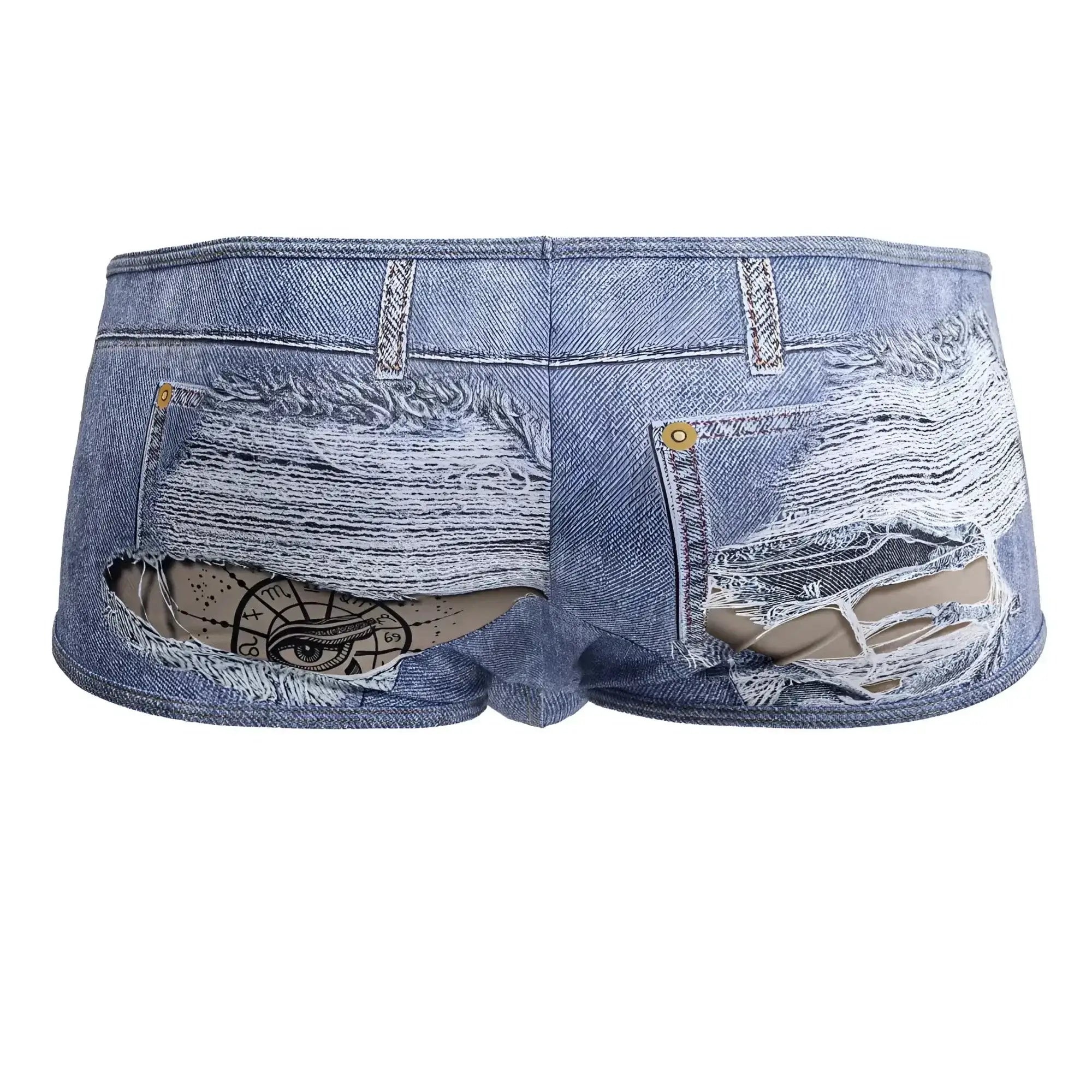 Blue denim CandyMan 99921 cowboy trunks with distressed ripped fabric and visible eye design on inner lining