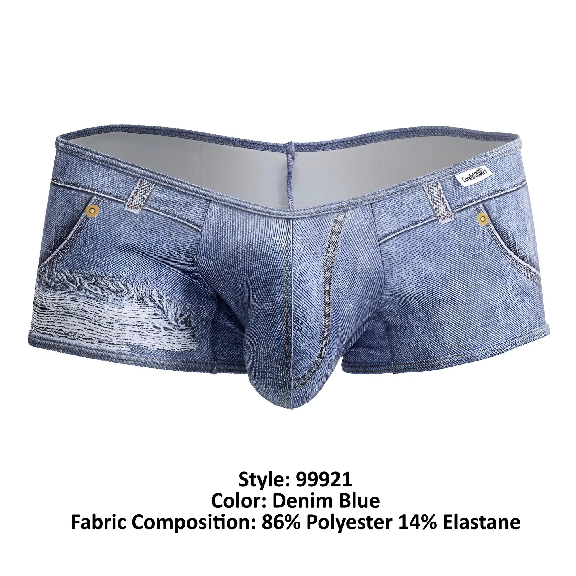 Denim blue men’s underwear CandyMan 99921 cowboy trunks designed like jeans with distressed patch and gold-tone buttons