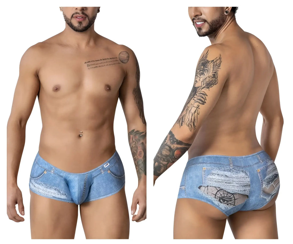 Blue denim candyMan 99921 cowboy trunks with distressed ripped details in classic jeans design