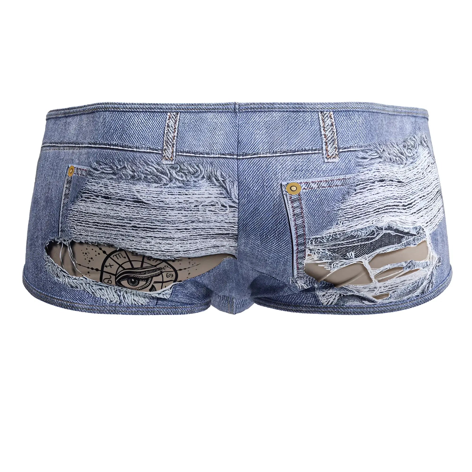 Blue denim CandyMan 99921 cowboy trunks with distressed ripped fabric and visible eye design on inner lining