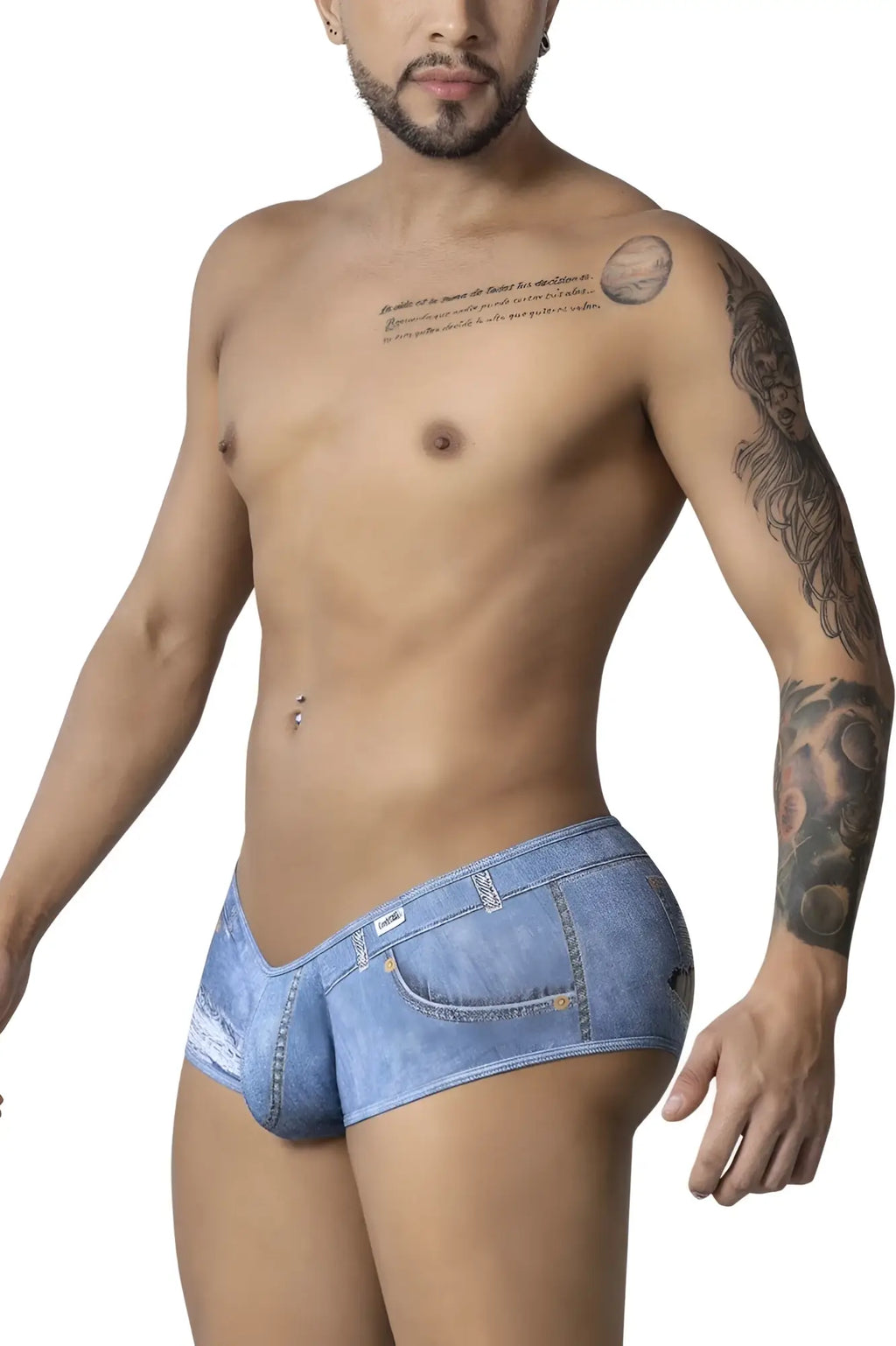 CandyMan 99921 cowboy trunks denim blue men’s briefs with front pocket and detailed stitching in denim-style fabric