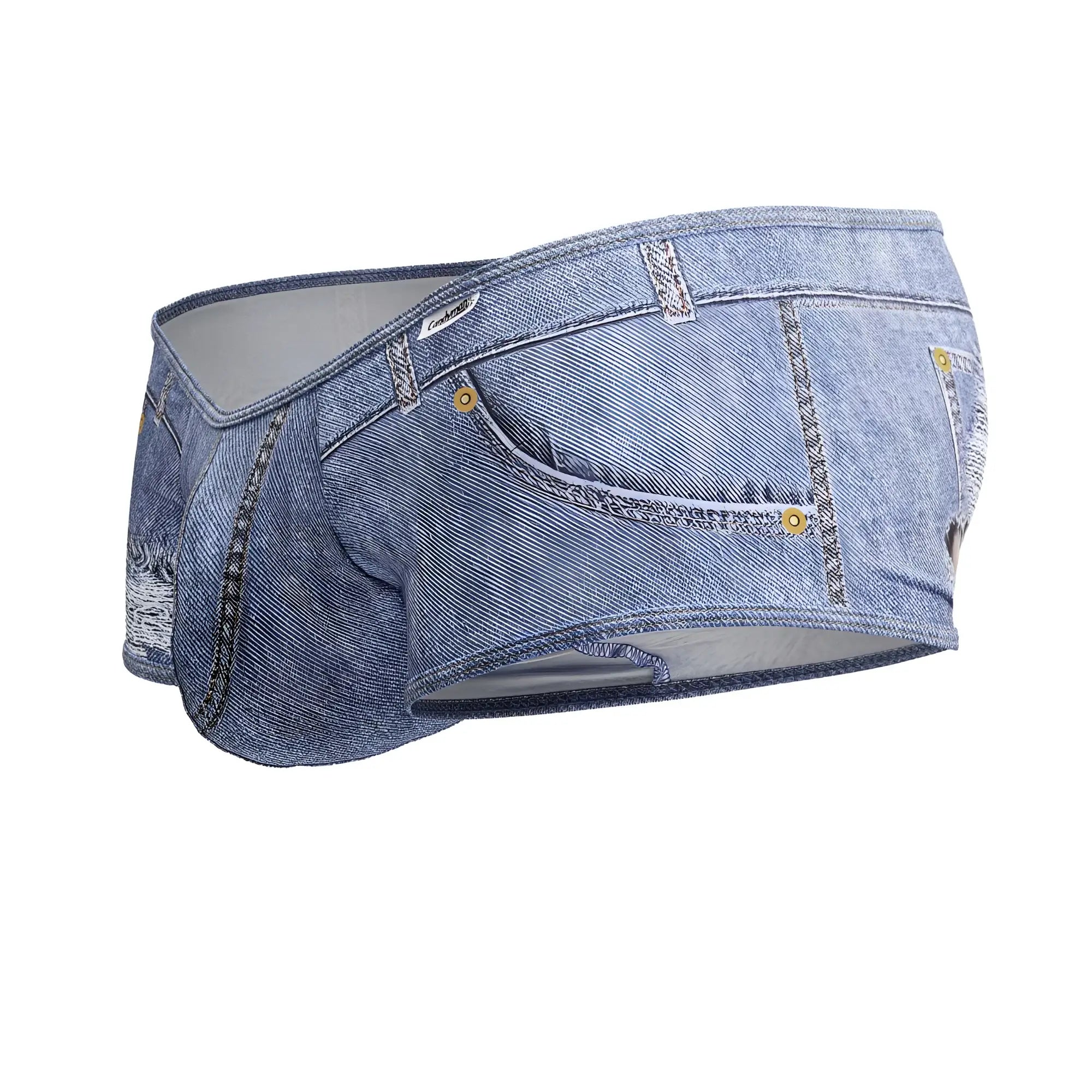 Blue denim-style briefs candyMan 99921 cowboy trunks featuring realistic jeans design with gold-tone buttons and stitched seams