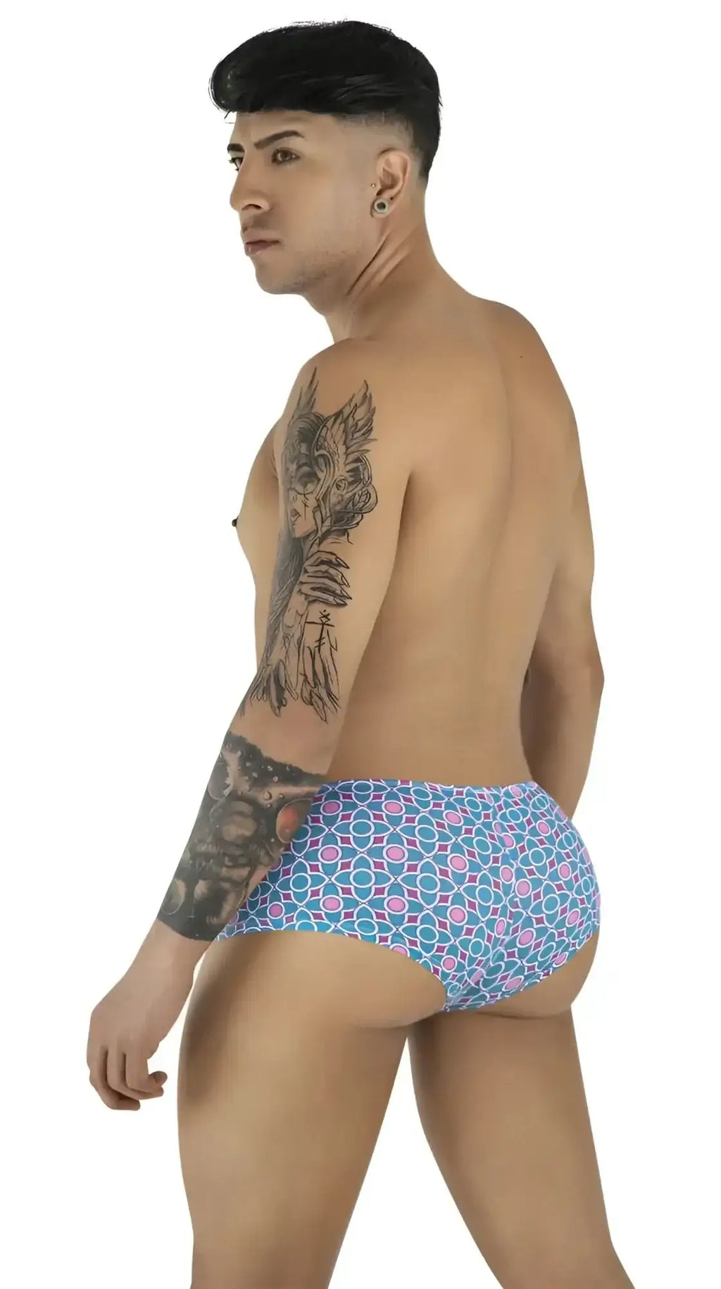 CandyMan 99922 Trunks in blue print. Side-back view of a model wearing the trunks.