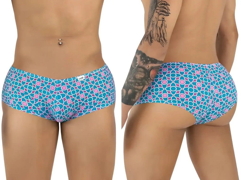 CandyMan 99922 printed blue trunks: front and back view of a male model wearing the underwear.
