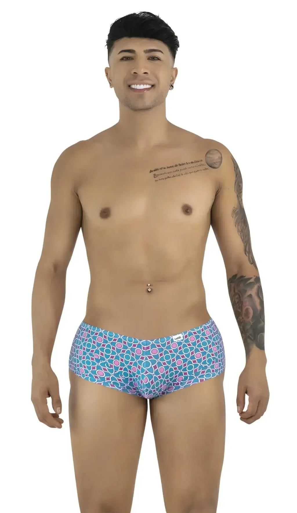 Front view of CandyMan 99922 blue printed trunks worn by a male model.