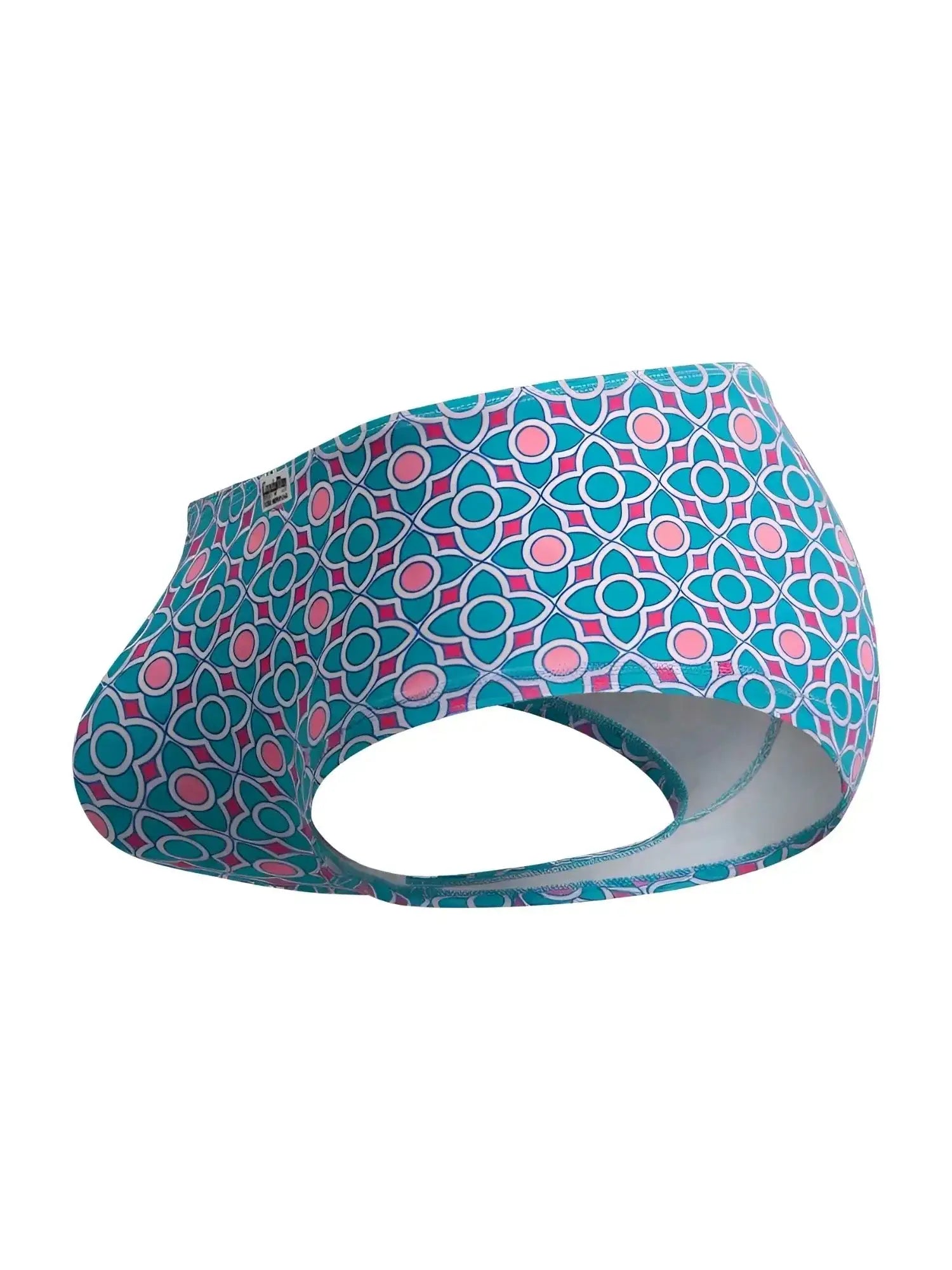 Side view of blue CandyMan 99922 trunks with a geometric pink and teal print.