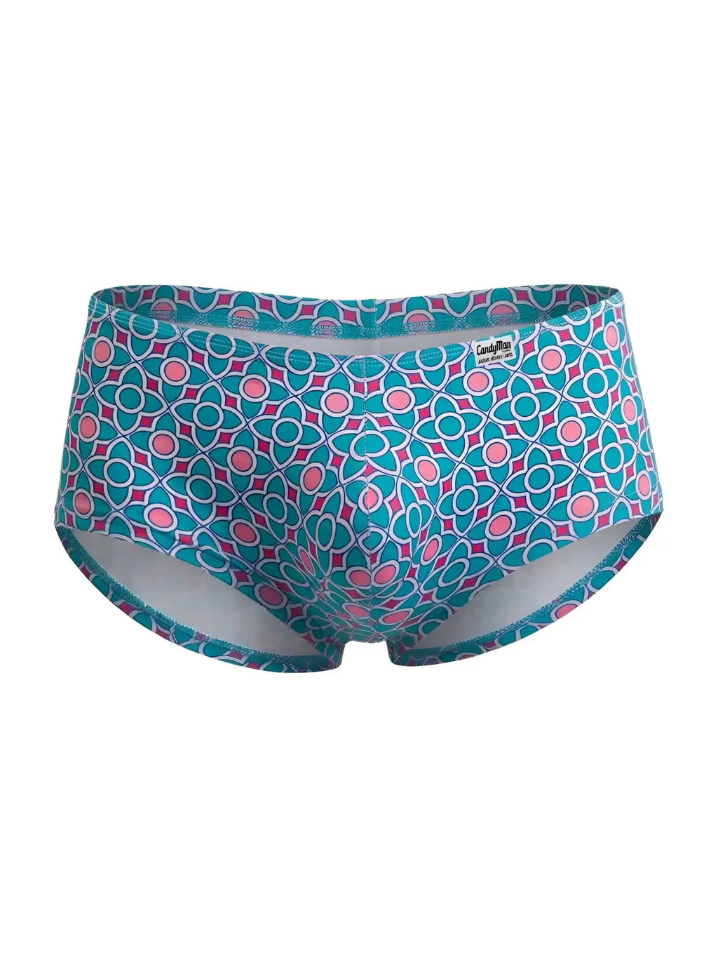Front view of CandyMan 99922 blue printed trunks with a geometric pattern.