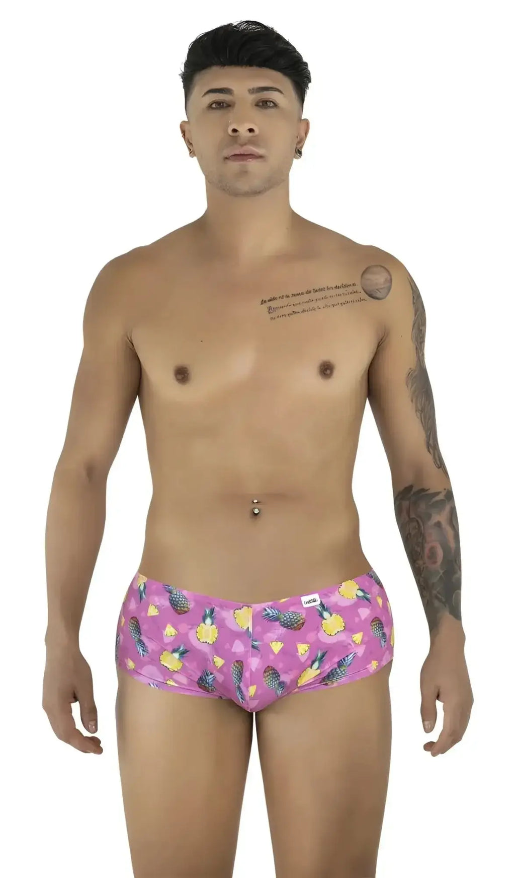 Front view of the CandyMan 99922 printed pink trunks on a model.